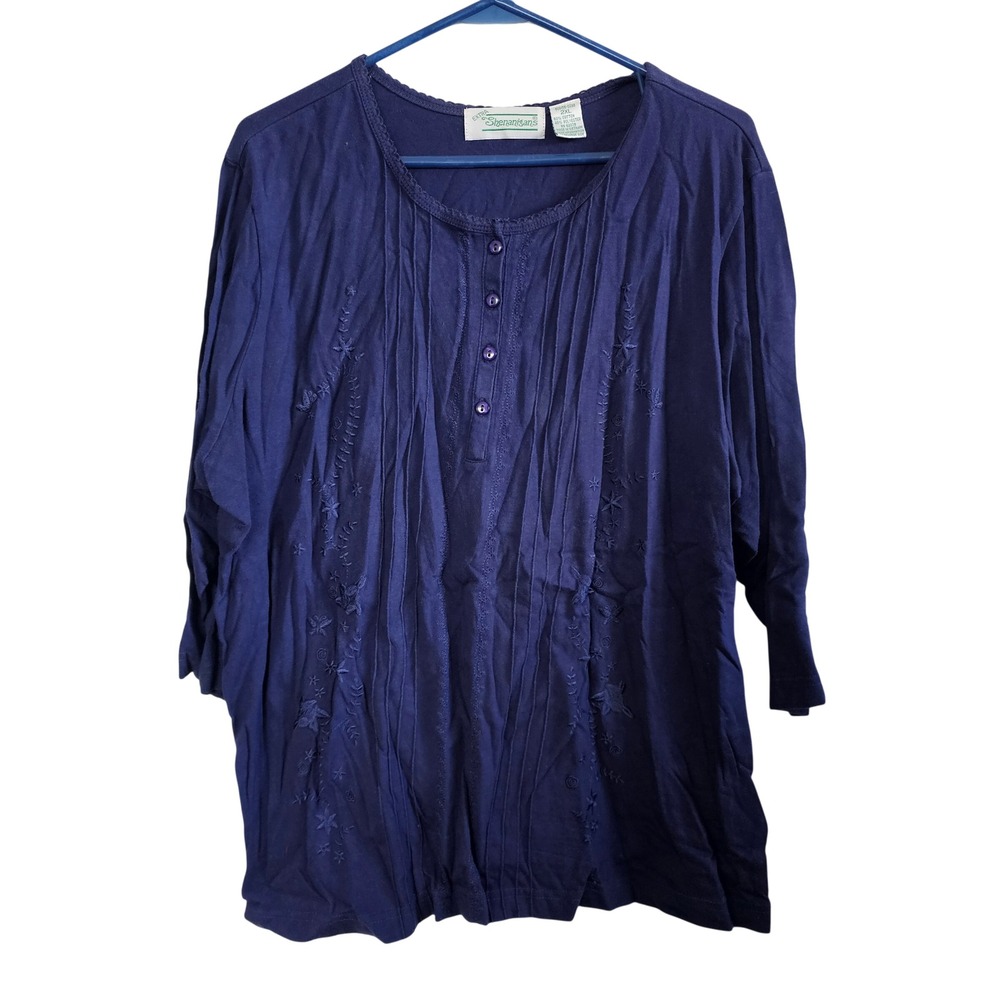 Extra‎ Shenanigans Navy Blue Embroidered Pintuck Henley Top 2XL 600156-0098
